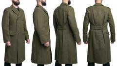 Polish Greatcoat, Green, Unissued. The coat in the pic is 100/185/89 . The model: Height 192 cm (6’ 3.6”), chest, 112 cm (44.1”), and waist 101 cm (39.8).